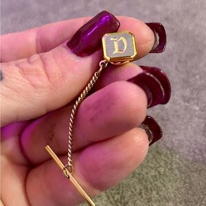 “D” Initial Monogram Tie Tack Pin Gold Tone Square with silver Brushed Finish